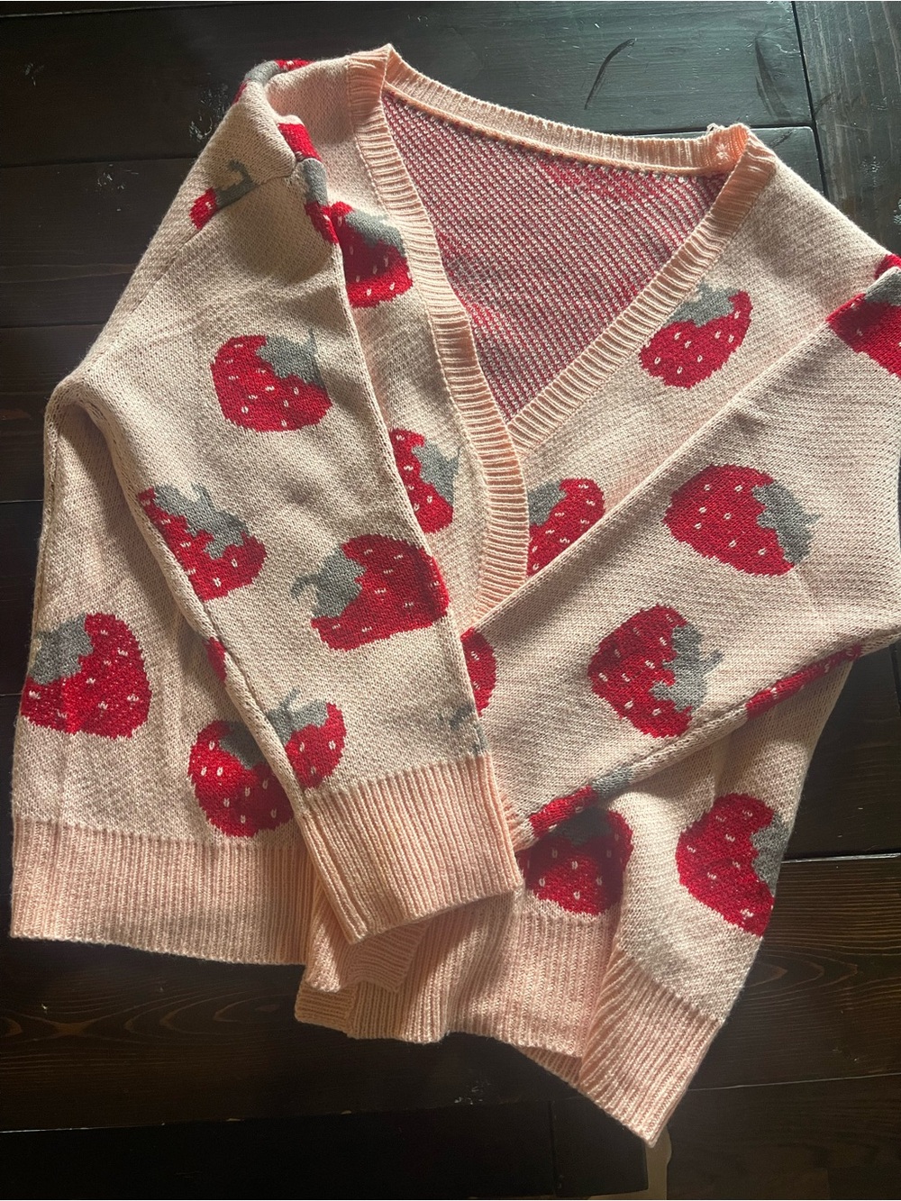 Strawberry Print V-Neck Sweater - Pink